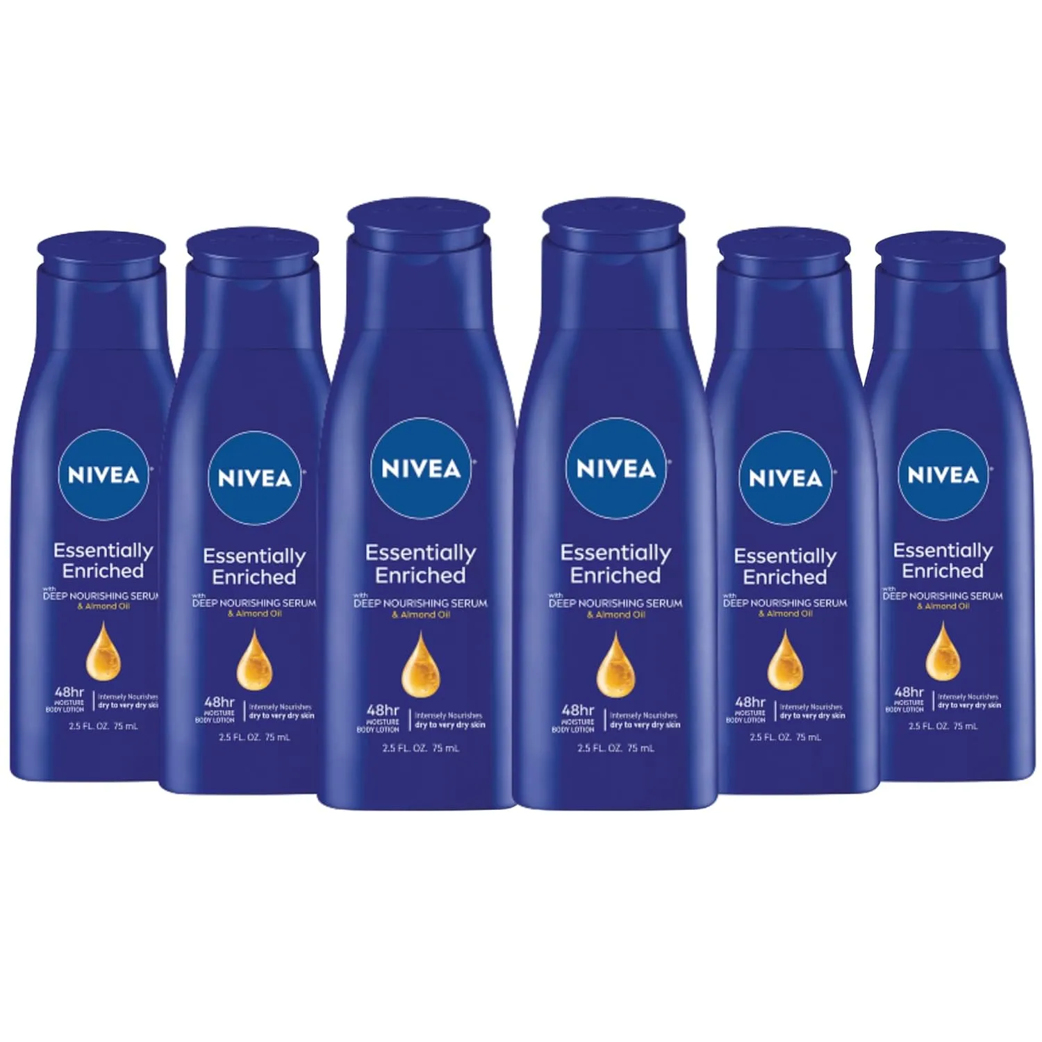 NIVEA Essentially Enriched Body Lotion for Very Dry Skin with Hyaluronic Acid, Almond Oil and Deep Nourishing Serum, 72-Hour Body Moisturizer, 2.5 Fl Oz Bottle (Pack of 6)