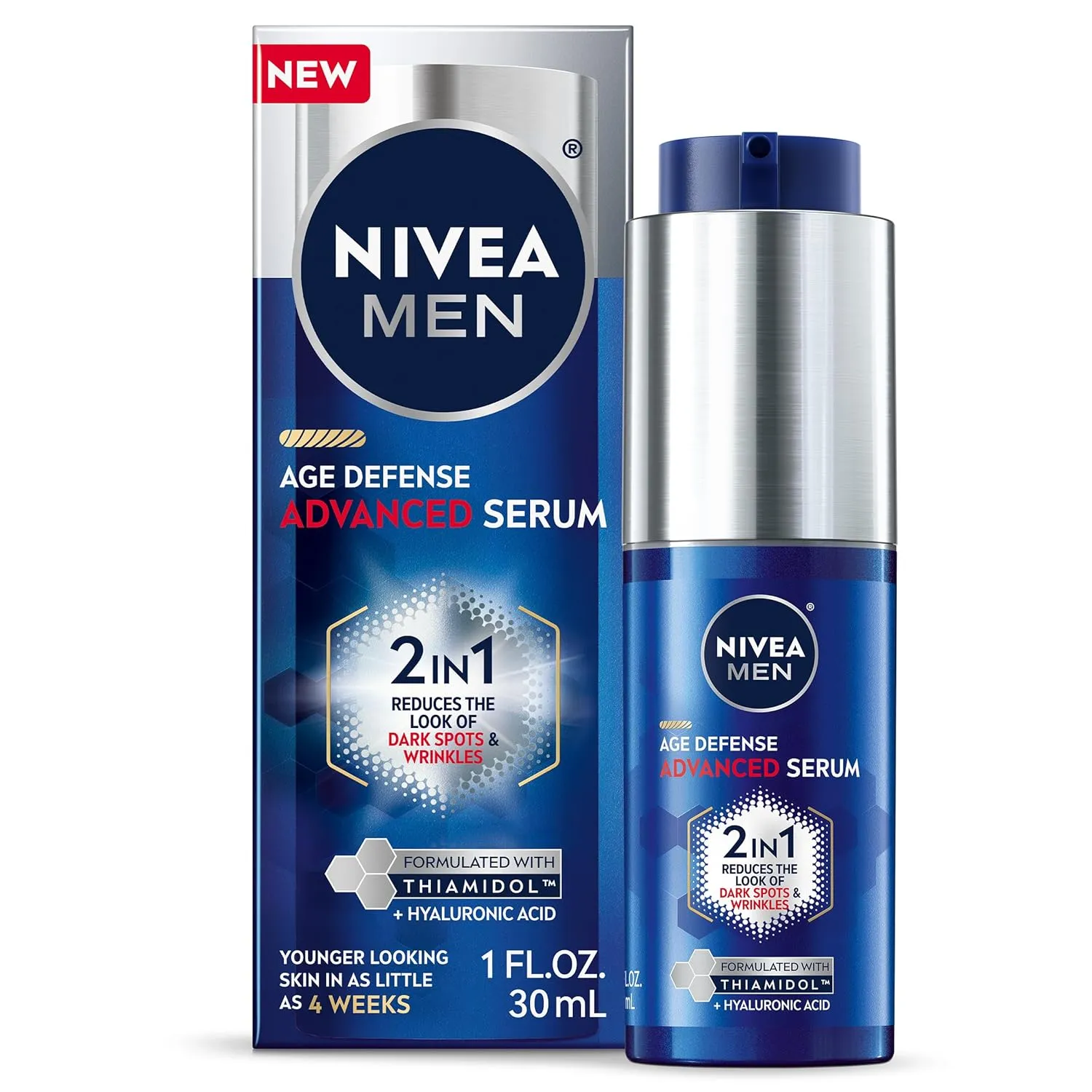 NIVEA MEN Age Defense Advanced Face Serum for Dark Spots with Thiamidol (TM)   Hyaluronic Acid, Skin Care Gifts for Dad, Helps Reduce Look of Dark Spots, Fine Lines & Wrinkles, 1 Fl Oz Bottle