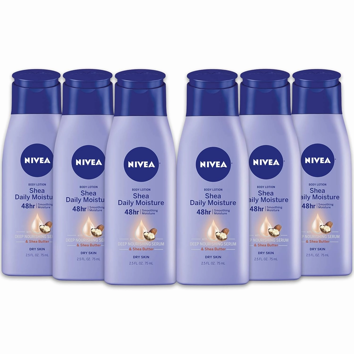 NIVEA Shea Nourish Body Lotion for Dry Skin with Hyaluronic Acid, Shea Butter and Deep Nourishing Serum, 48-Hour Body Moisturizer, 2.5 Fl Oz Bottle, Pack of 6