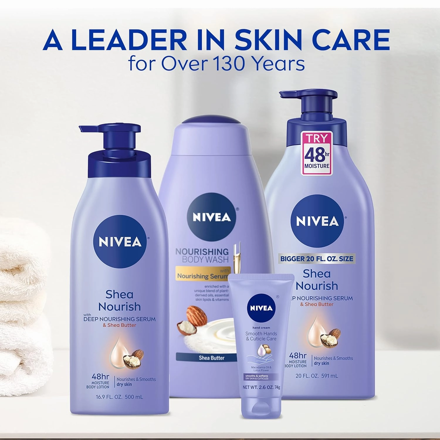 NIVEA Shea Nourish Body Lotion for Dry Skin with Hyaluronic Acid, Shea Butter and Deep Nourishing Serum, 48-Hour Body Moisturizer, 2.5 Fl Oz Bottle, Pack of 6