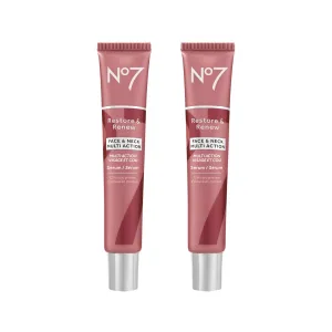 No7 Restore & Renew Face & Neck Multi-Action Serum - Collagen Peptide Anti-Aging Facial Treatment - Hyaluronic Acid Hydrating   Pro Retinol Skin Firming Hibiscus Peptides (2 Pack, 1.69 Fl Oz Each)