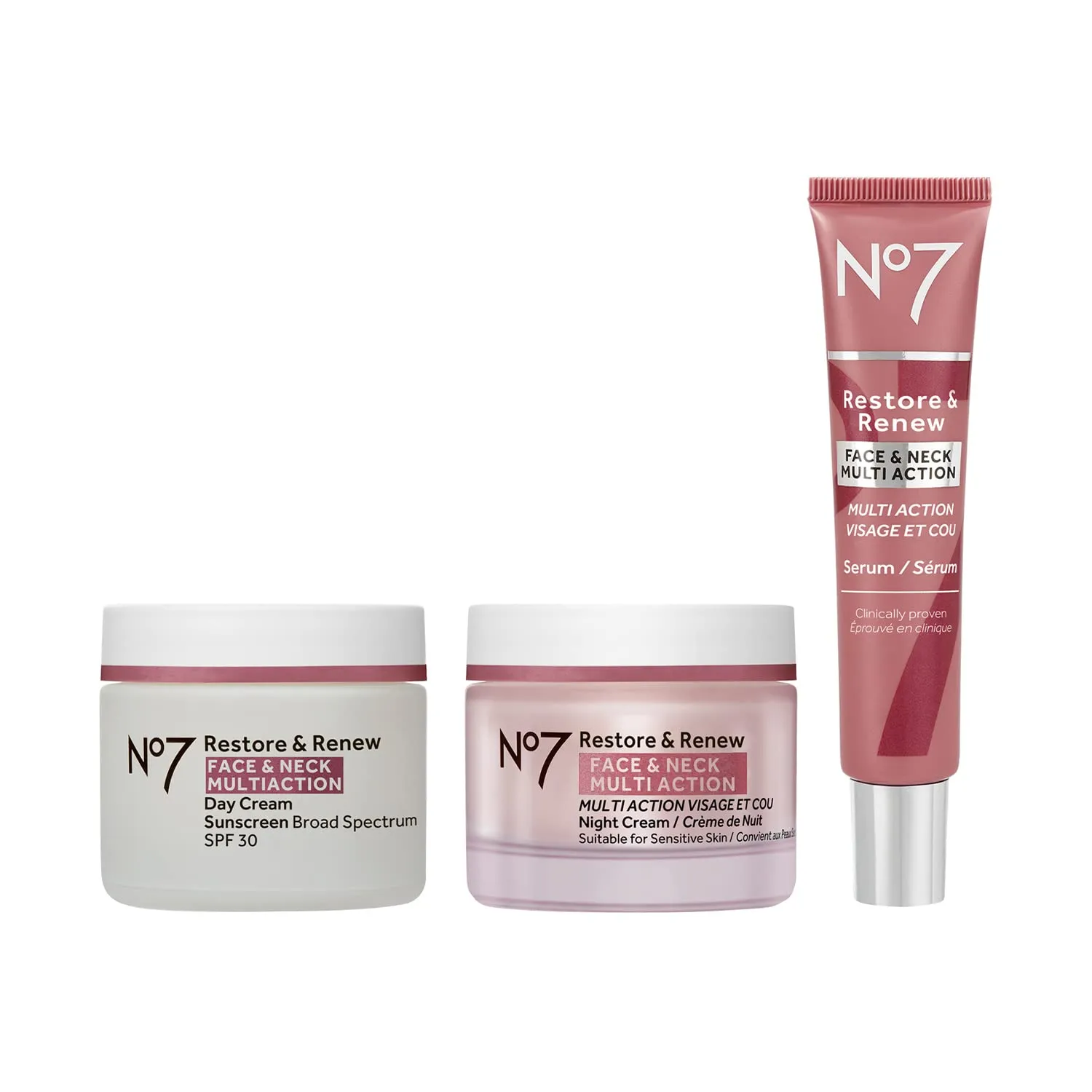 No7 Restore & Renew Face & Neck Multi Action Skincare System - SPF 30 Day Cream with Vitamin C & Collagen Peptides   anti-Aging Facial Serum   Hyaluronic Acid Hydrating Night Cream (3 Piece Kit)