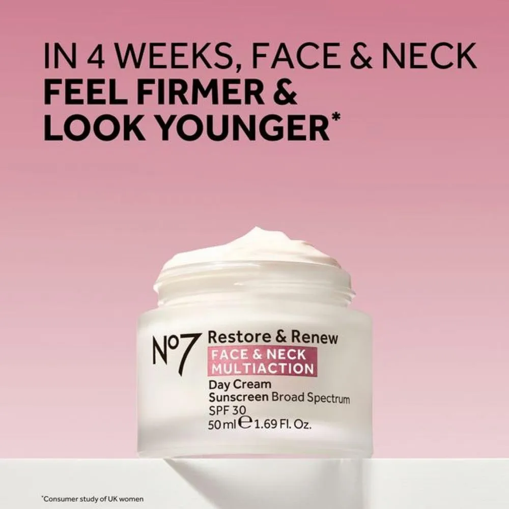 No7 Restore & Renew Multi Action Face & Neck SPF 30 Day Cream - Firming & Hydrating Face Moisturizer with Hyaluronic Acid to Help Visibly Reduce the Appearance of Wrinkles (2 pack, 50 ml each)