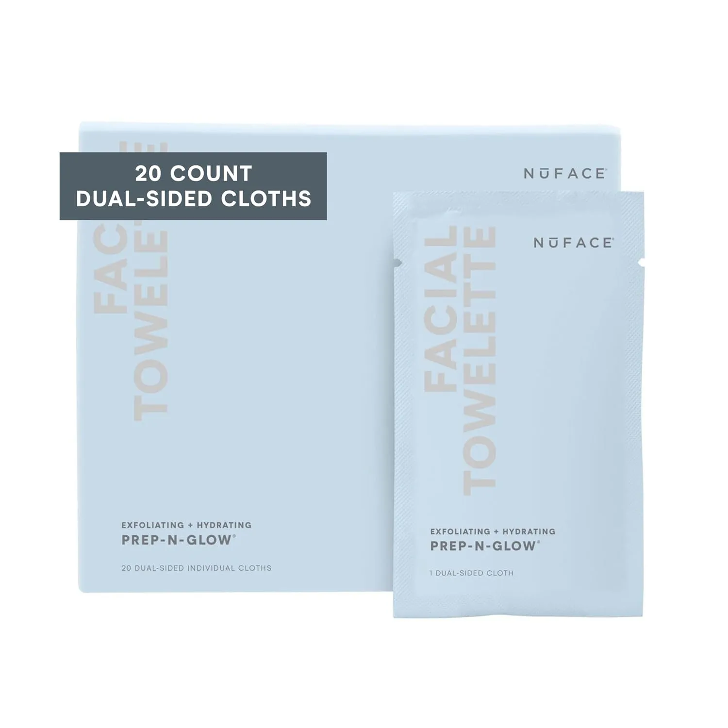 NuFACE Prep-N-Glow Facial Towelettes - 2-in-1 Exfoliating   Cleansing Makeup Remover Wipes, Hyaluronic Acid Travel Face Wipes to Hydrate & Brighten for Glowing Skin - 20 Individually Wrapped Cloths