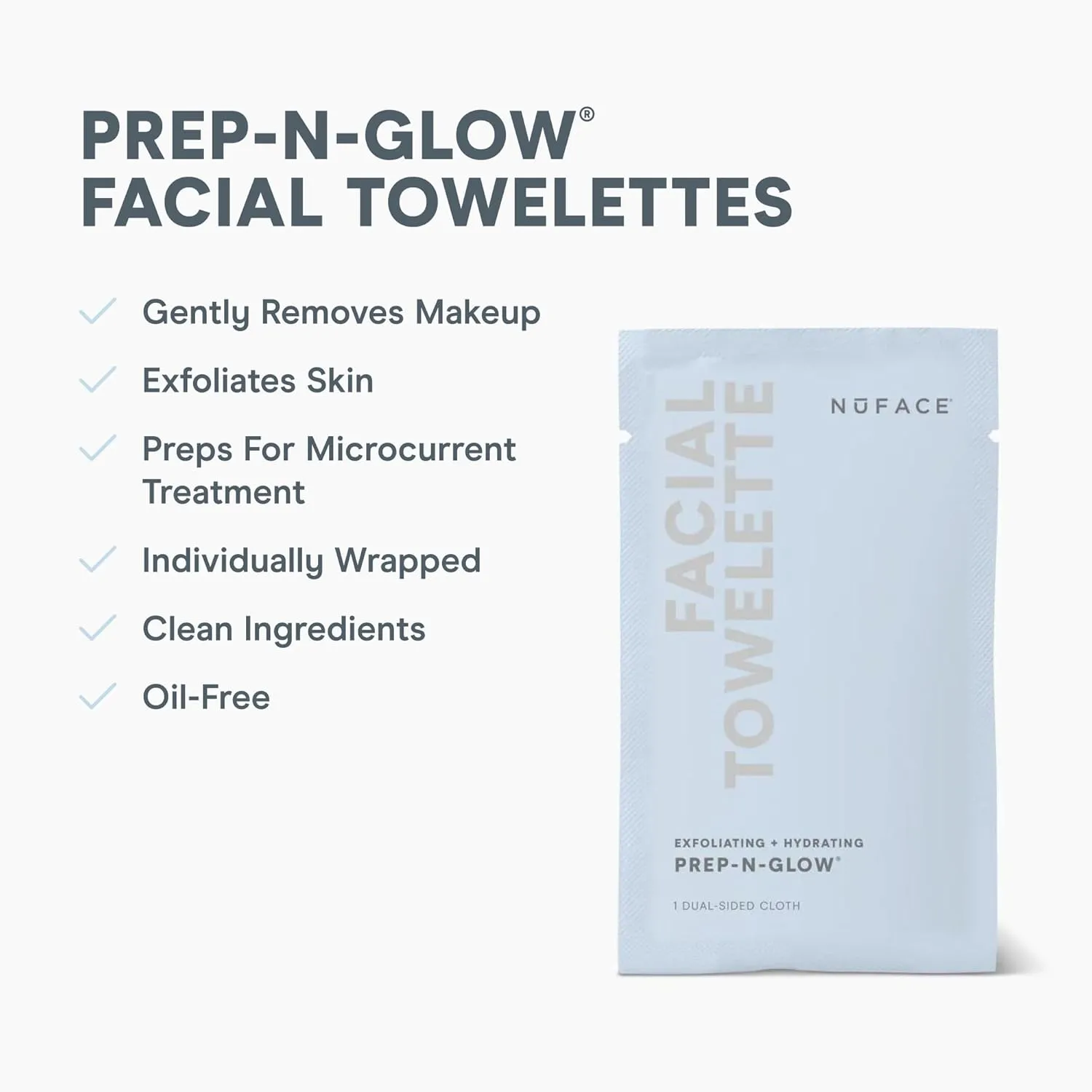 NuFACE Prep-N-Glow Facial Towelettes - 2-in-1 Exfoliating   Cleansing Makeup Remover Wipes, Hyaluronic Acid Travel Face Wipes to Hydrate & Brighten for Glowing Skin - 20 Individually Wrapped Cloths