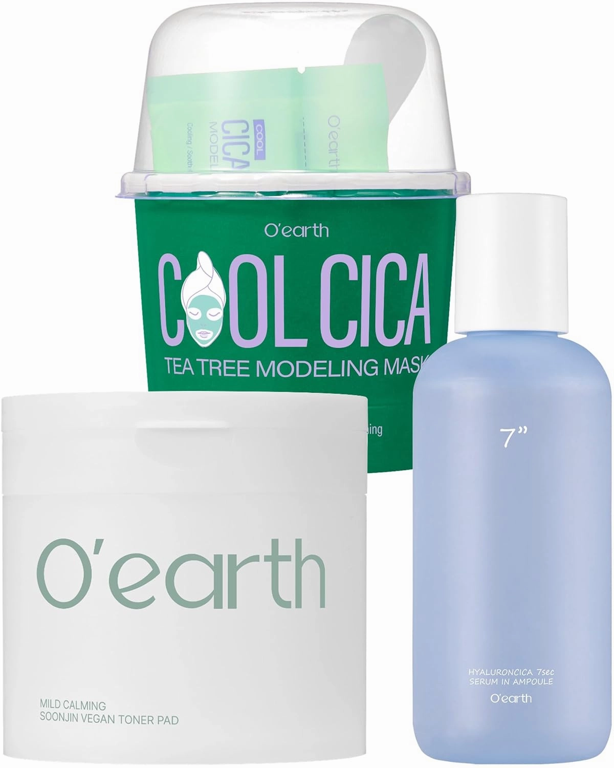 O'EARTH Triple Layer HyaluronCica 7sec Serum In Ampoule   Cool Cica Tea Tree Modeling Mask   Mild Calming Vegan Toner Pad Bundle
