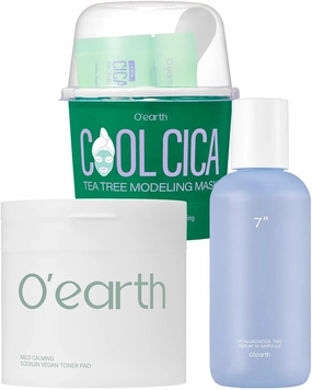 O'EARTH Triple Layer HyaluronCica 7sec Serum In Ampoule   Cool Cica Tea Tree Modeling Mask   Mild Calming Vegan Toner Pad Bundle