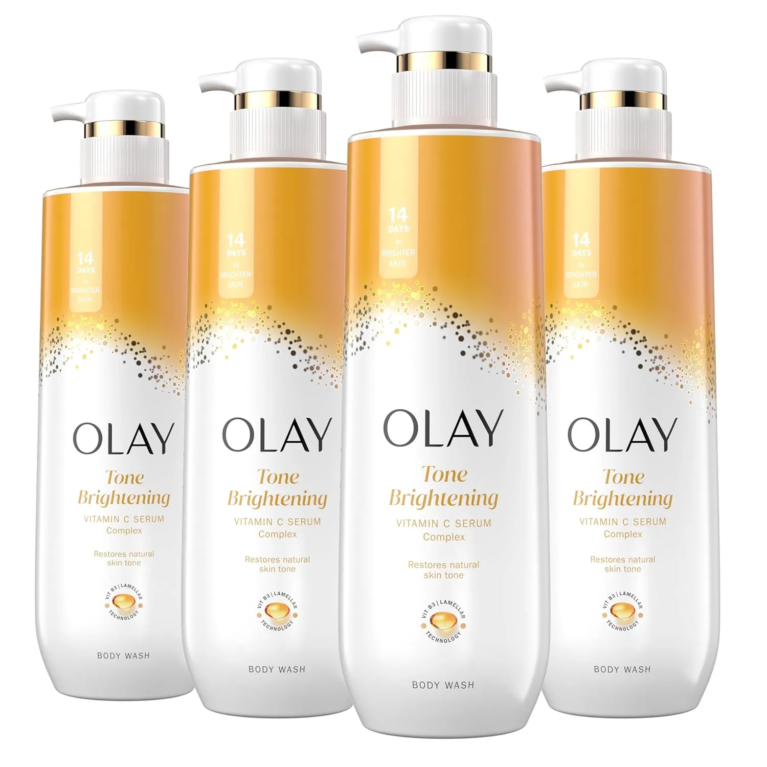 Olay Body Wash for Women, Tone Brightening Exfoliation, Vitamin C Serum Complex, Renew Moisture, Free of Parabens & Phthalates, Vitamin B3 Lameller Technology, For All Skin Types, 20 fl oz (Pack of 4)