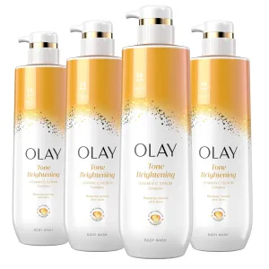 Olay Body Wash for Women, Tone Brightening Exfoliation, Vitamin C Serum Complex, Renew Moisture, Free of Parabens & Phthalates, Vitamin B3 Lameller Technology, For All Skin Types, 20 fl oz (Pack of 4)