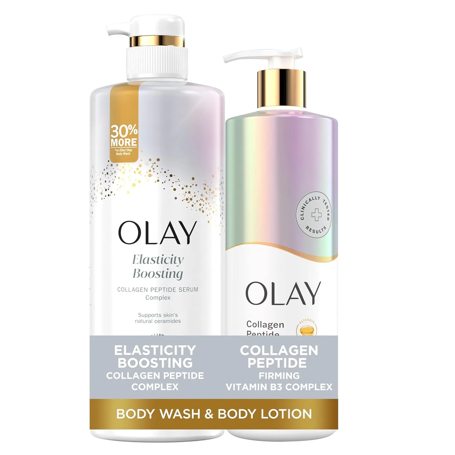 Olay Elasticity Boosting Body Wash   Body Lotion Bundle Pack, Moisturizing & Firming Formula with Collagen Peptide Serum & Vitamin B3 Complex, 26 fl oz & 17 fl oz, (Pack of 2)