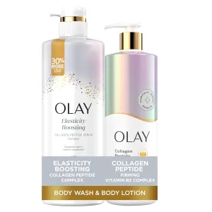 Olay Elasticity Boosting Body Wash   Body Lotion Bundle Pack, Moisturizing & Firming Formula with Collagen Peptide Serum & Vitamin B3 Complex, 26 fl oz & 17 fl oz, (Pack of 2)