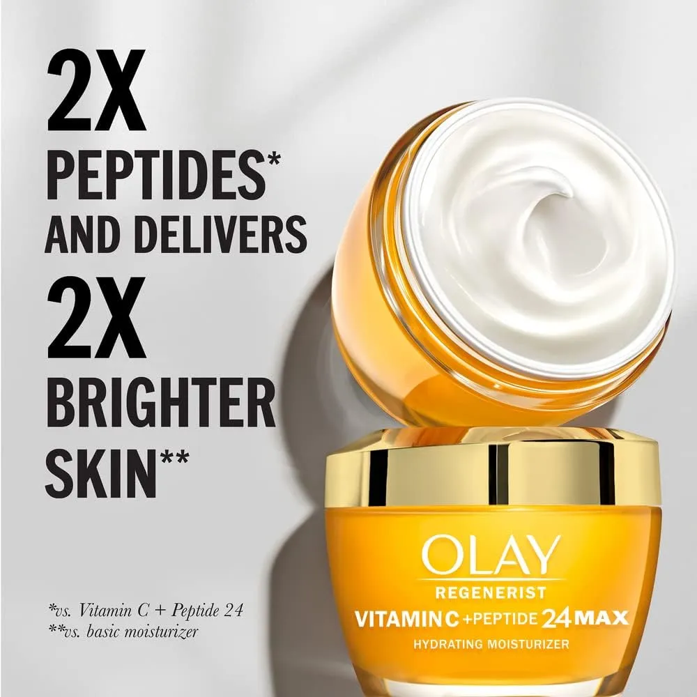 Olay Regenerist Vitamin C MAX   Peptide 24 Brightening Face Moisturizer for Brighter Skin, Lightweight anti aging cream for dark spots 1.7oz, Includes Whip Travel Size for Dry Skin