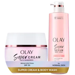 Olay Super Cream with Sunscreen SPF 30 (1.7 oz)   Body Wash for Normal Skin (18.5 oz) - 24hr Long Lasting Hydration - Vitamin C & E, Hyaluronic Acid, Niacinamide - Smooth, Brighten, Firm