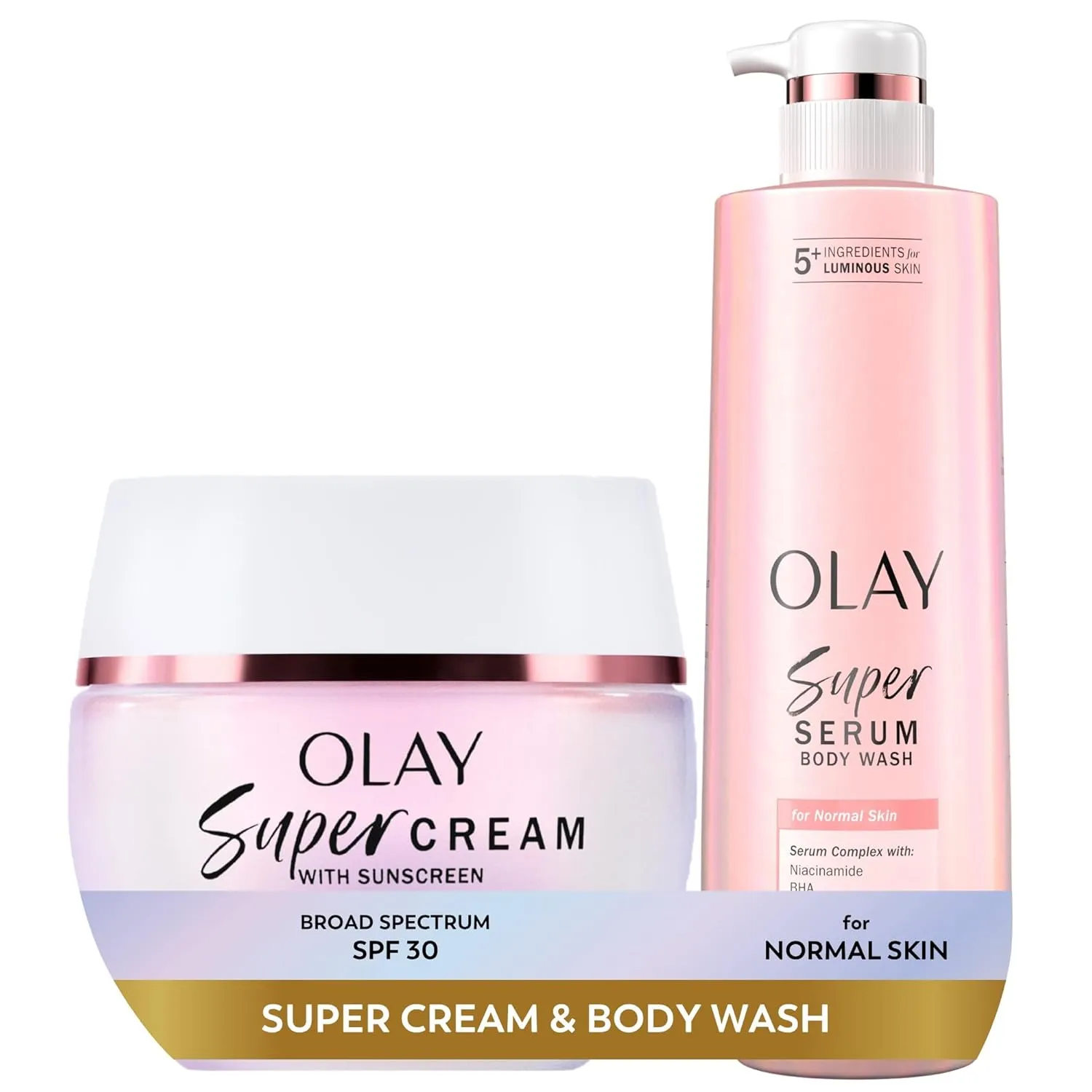 Olay Super Cream with Sunscreen SPF 30 (1.7 oz)   Body Wash for Normal Skin (18.5 oz) - 24hr Long Lasting Hydration - Vitamin C & E, Hyaluronic Acid, Niacinamide - Smooth, Brighten, Firm