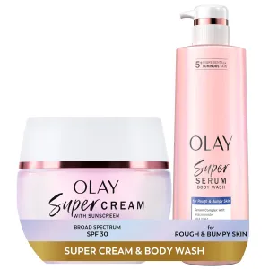 Olay Super Cream with Sunscreen SPF 30 (1.7 oz)   Body Wash for Rough & Bumpy Skin (18.5 oz) - 24hr Long Lasting Hydration - Vitamin C & E, Hyaluronic Acid, Niacinamide - Smooth, Brighten, Firm