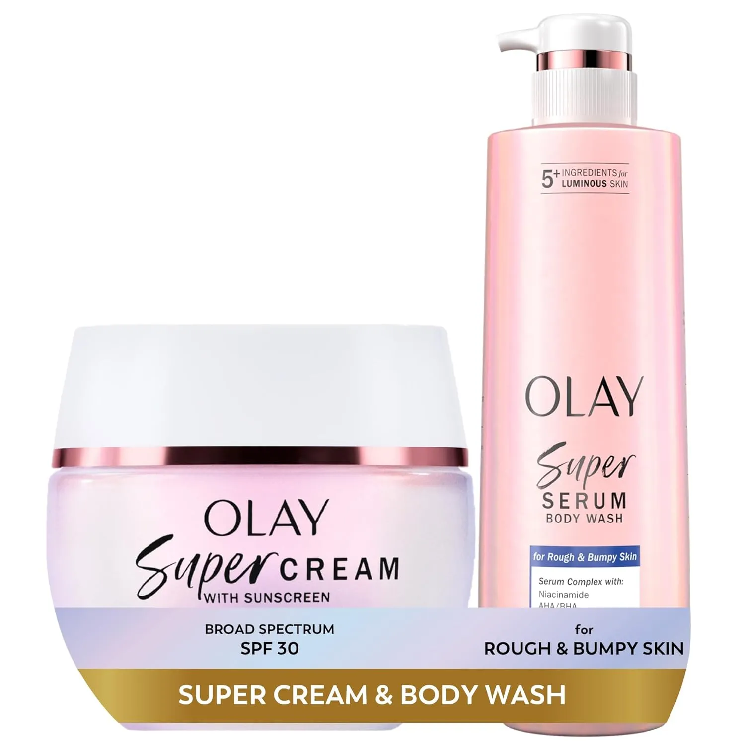 Olay Super Cream with Sunscreen SPF 30 (1.7 oz)   Body Wash for Rough & Bumpy Skin (18.5 oz) - 24hr Long Lasting Hydration - Vitamin C & E, Hyaluronic Acid, Niacinamide - Smooth, Brighten, Firm