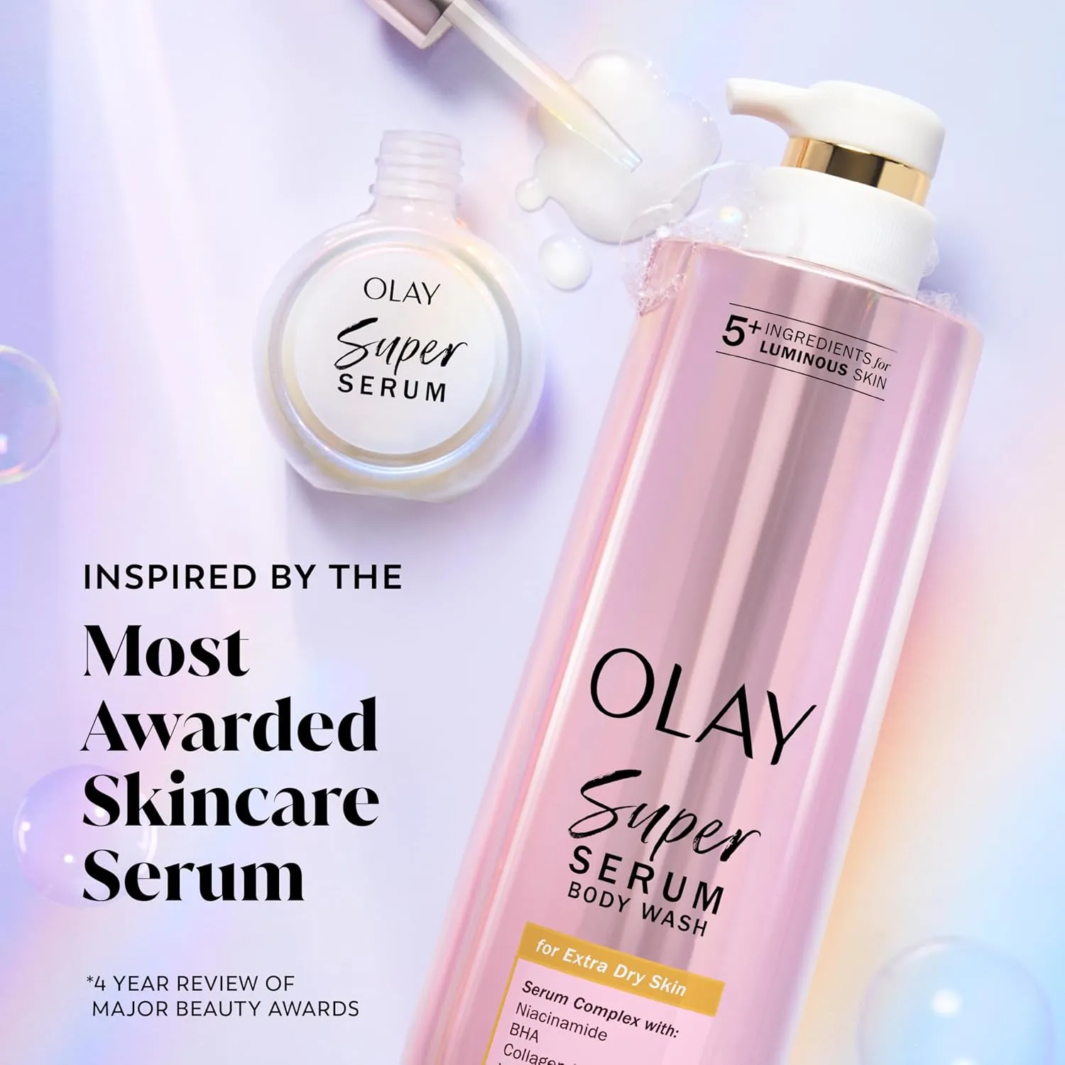 Olay Super Serum Body Wash for Extra Dry Skin, 24hr Long Lasting Hydration, 5  Ingredient Serum Complex for Bright Even Firm Luminous Skin, 18.5 fl oz
