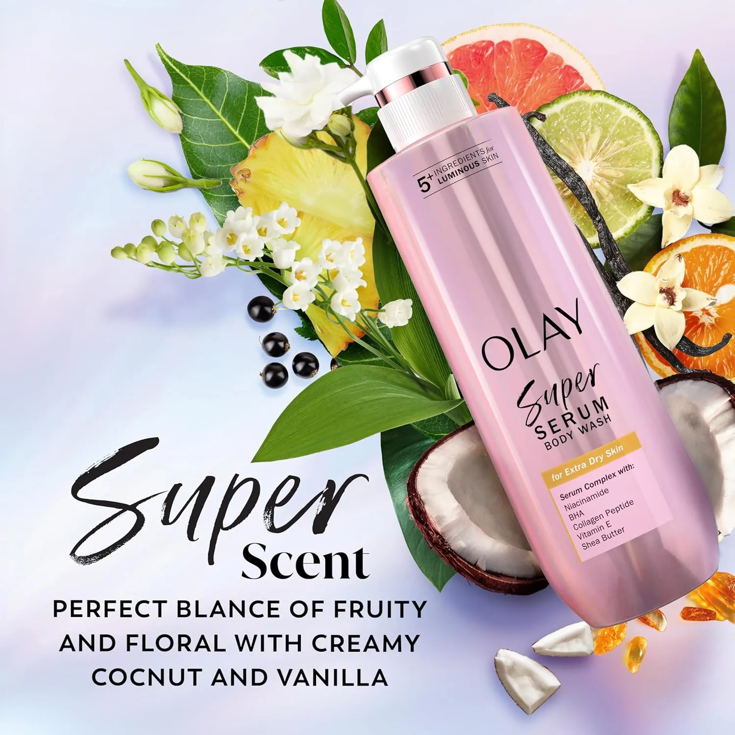 Olay Super Serum Body Wash for Extra Dry Skin, 24hr Long Lasting Hydration, 5  Ingredient Serum Complex for Bright Even Firm Luminous Skin, 18.5 fl oz