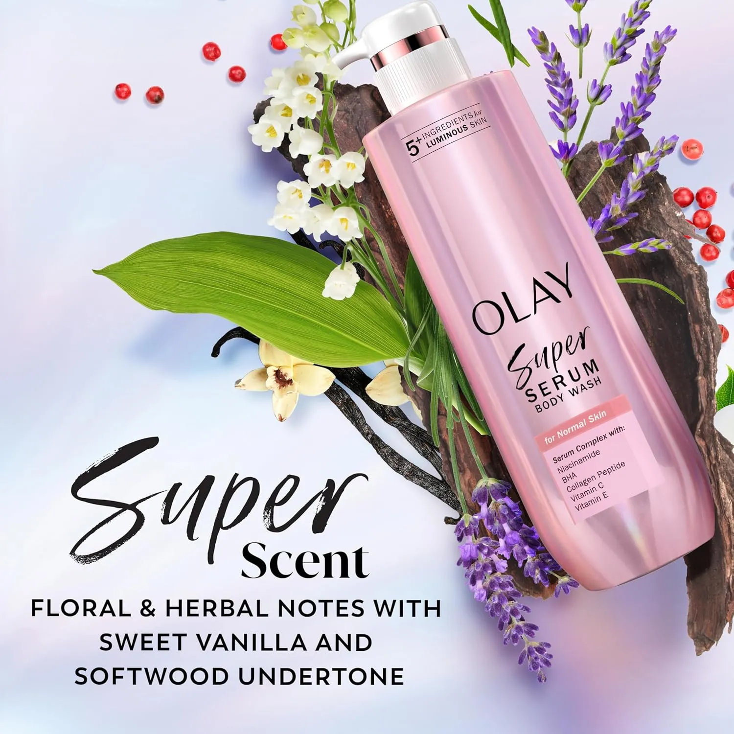 Olay Super Serum Body Wash for Normal Skin, 24hr Long Lasting Hydration, 5  Ingredient Serum Complex for Bright Even Firm Luminous Skin, 18.5 fl oz