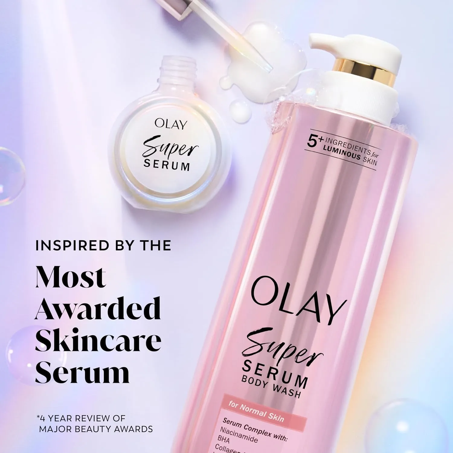 Olay Super Serum Body Wash for Normal Skin, 24hr Long Lasting Hydration, 5  Ingredient Serum Complex for Bright Even Firm Luminous Skin, 18.5 fl oz