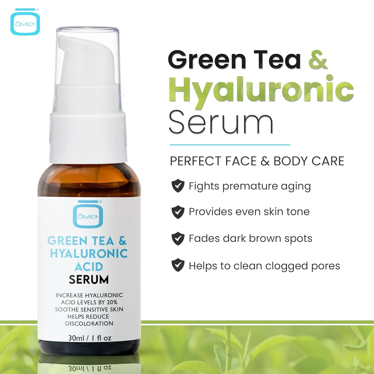 Omic, Green Tea & Hyaluronic Acid Serum for Face – 1 fl oz / 30 ml - Acne Spot Remover, Reduce Wrinkles, Helps to Hydrayein Skin, Anti-aging Serum