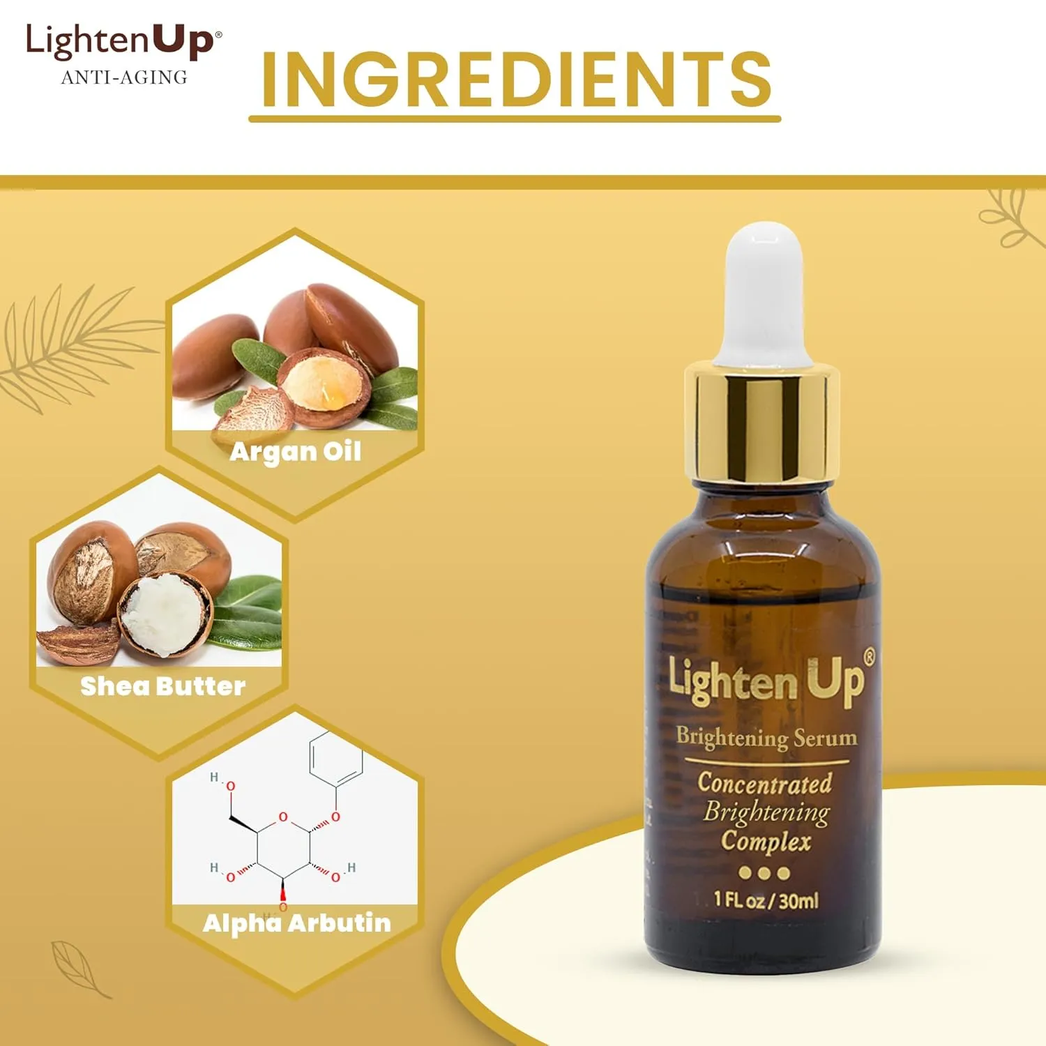 OMIC Lighten-Up Skin brightening Serum, 1 Fl oz / 30 ml, for Face, Armpits, Hands, Knees and Body, with Argan Oil and Shea Butter