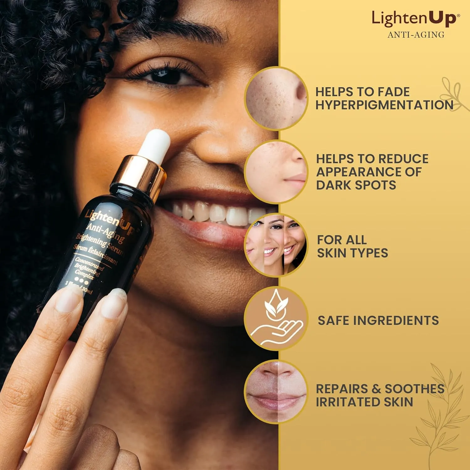 OMIC Lighten-Up Skin brightening Serum, 1 Fl oz / 30 ml, for Face, Armpits, Hands, Knees and Body, with Argan Oil and Shea Butter