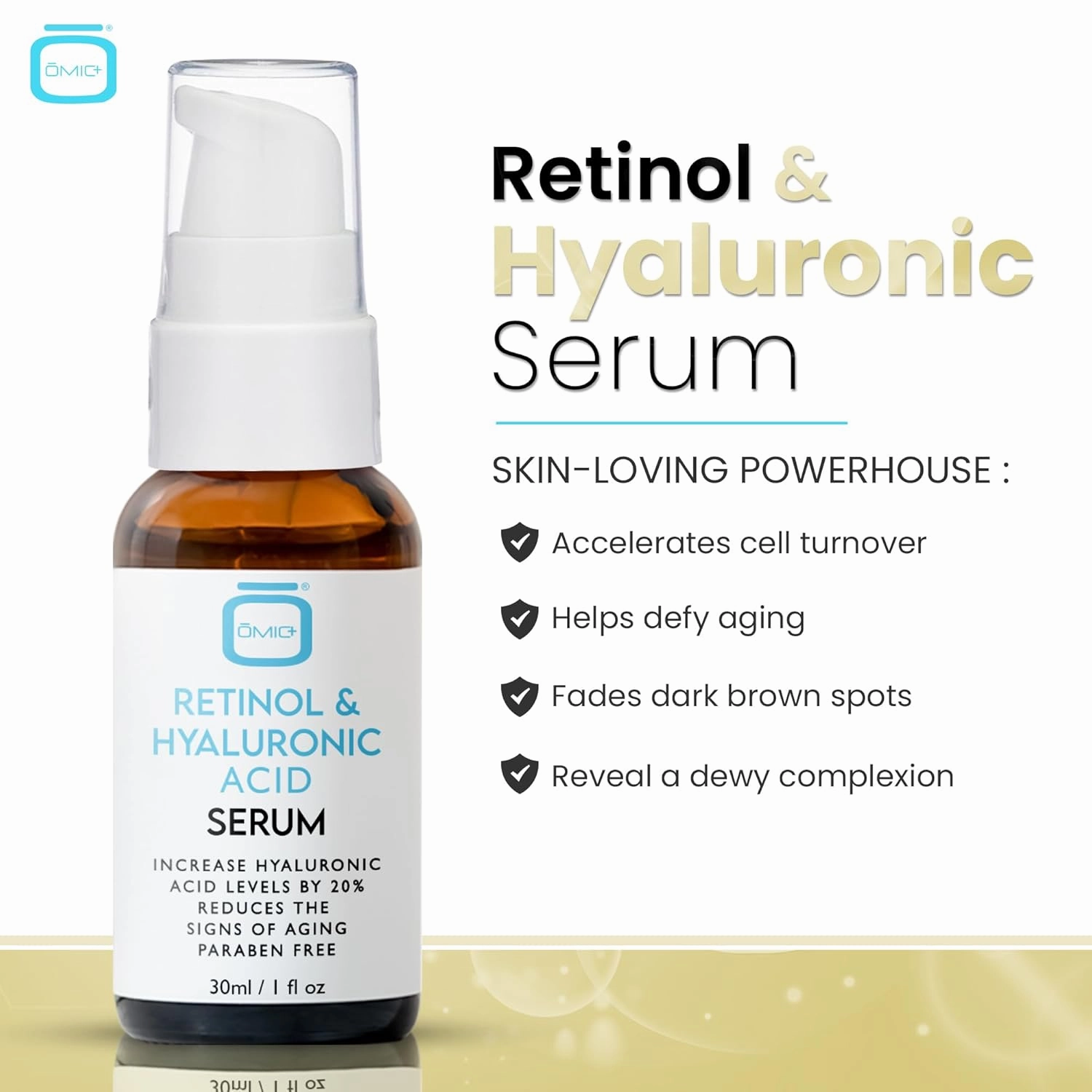 OMIC, Retinol Serum for Face | 1 fl oz / 30 ml | Reduce, Wrinkle, Dark Circles, Dark Spots Corrector | with Vitamin A, Vitamin E and Hyaluronic Acid | Made in USA