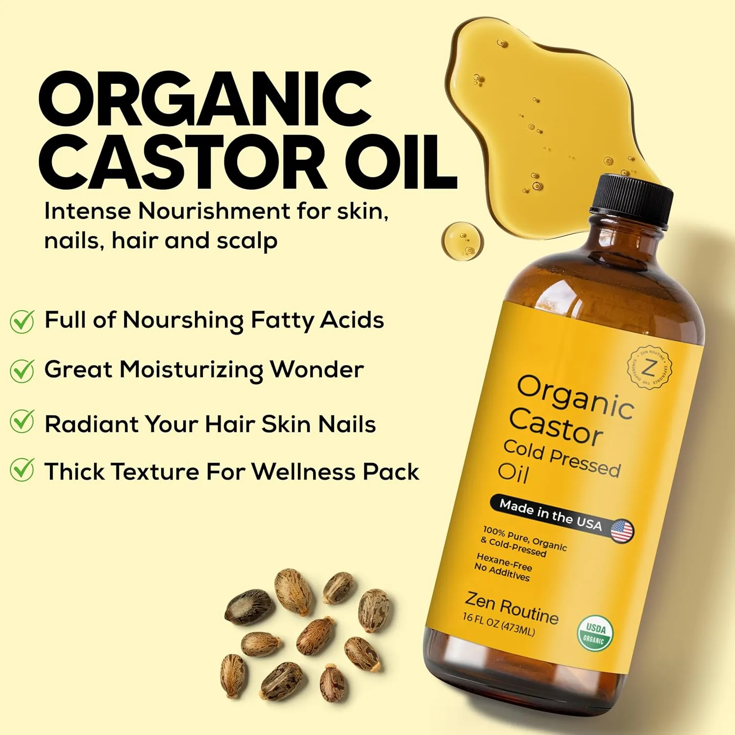Organic Castor Oil - Castor Oil Organic Cold Pressed Unrefined Glass Bottle - 16fl Oz/437ml (Pack of 2) Pure Hair and Skin for Eyebrows and Body - Moisturizer and Hair Growth Support