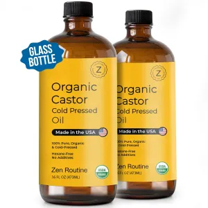 Organic Castor Oil - Castor Oil Organic Cold Pressed Unrefined Glass Bottle - 16fl Oz/437ml (Pack of 2) Pure Hair and Skin for Eyebrows and Body - Moisturizer and Hair Growth Support