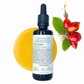 Organic28. 100% Organic Vitamin C Serum – USA Made. 36 Botanicals Rejuvenating Vitamin C Face Serum for Women & Men. Revitalizing Elixir   Aromatherapy Helichrysum  . Skin Firming Serum. 2 Fl.Oz.