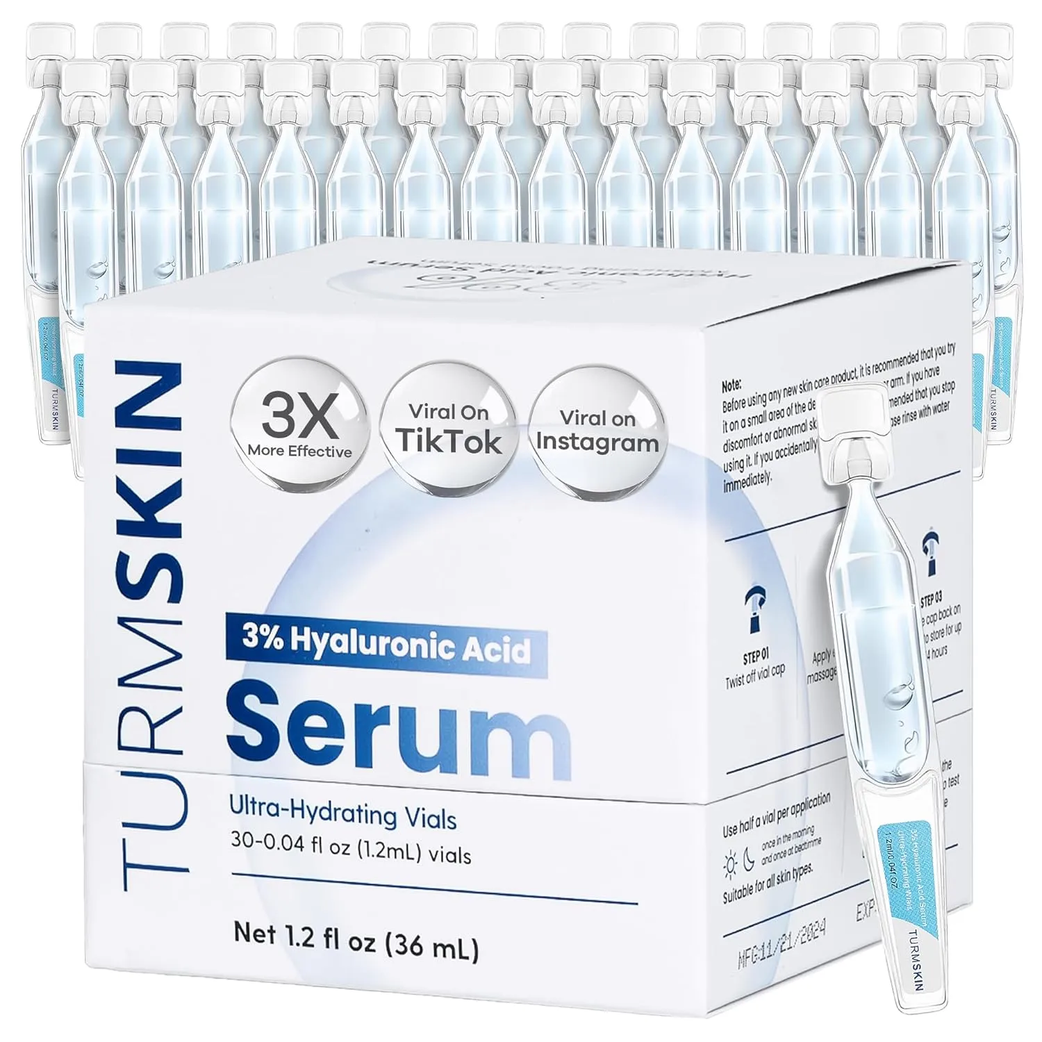 Original Turmskin Hyaluronic Acid Serum | Ultimate Hydration Boost for Your Aging Skin | 3% for 24-Hour Hydration & Glass Skin, Soft PE Ampoule Vials for Face & Skin