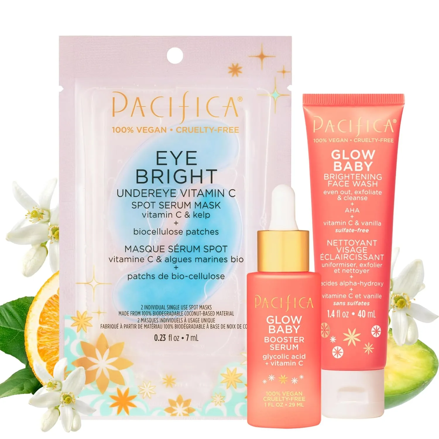 Pacifica Beauty | Glow Baby Vitamin C Trial   Value Kit | 3-Piece Skin Care Gift Set | Travel Friendly | Brightening Face Serum, Face Wash/Cleanser, Under Eye Patches | Glycolic Acid, AHA | Vegan