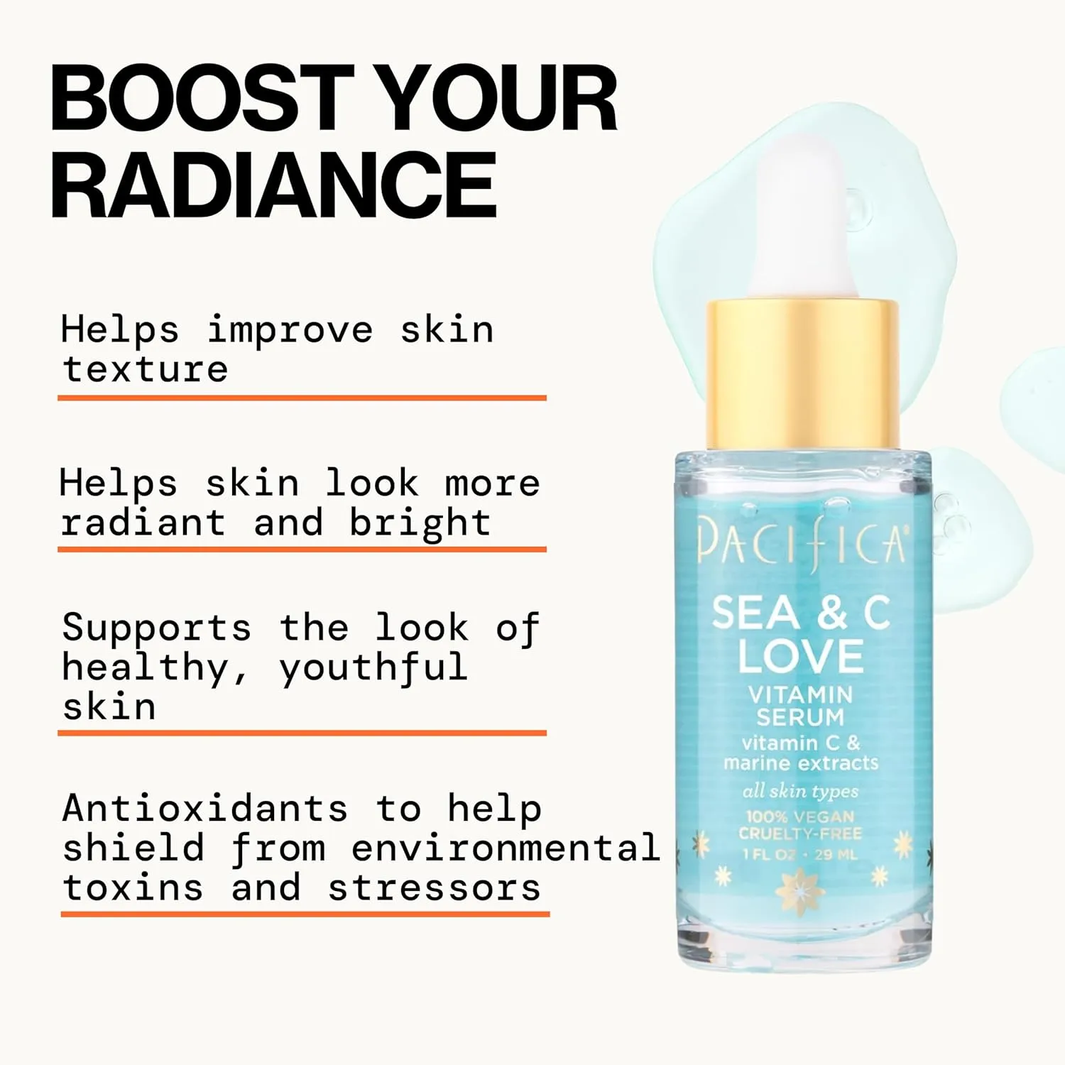 Pacifica Beauty Sea and C Love Vitamin C Serum, Skincare, Hyaluronic Acid, Green Tea, Marine Extracts, Blue Light Protection, Brightening, Lightweight, Face Care, Skin Care Serum, 1 fl oz (1 Count)