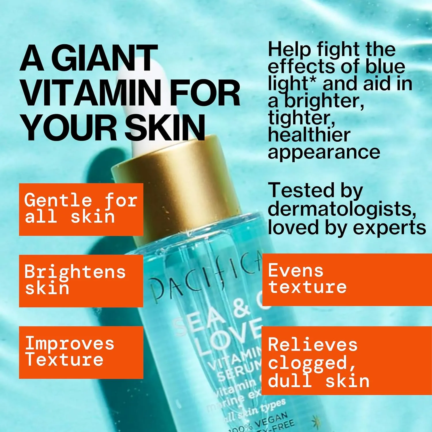 Pacifica Beauty Sea and C Love Vitamin C Serum, Skincare, Hyaluronic Acid, Green Tea, Marine Extracts, Blue Light Protection, Brightening, Lightweight, Face Care, Skin Care Serum, 1 fl oz (1 Count)