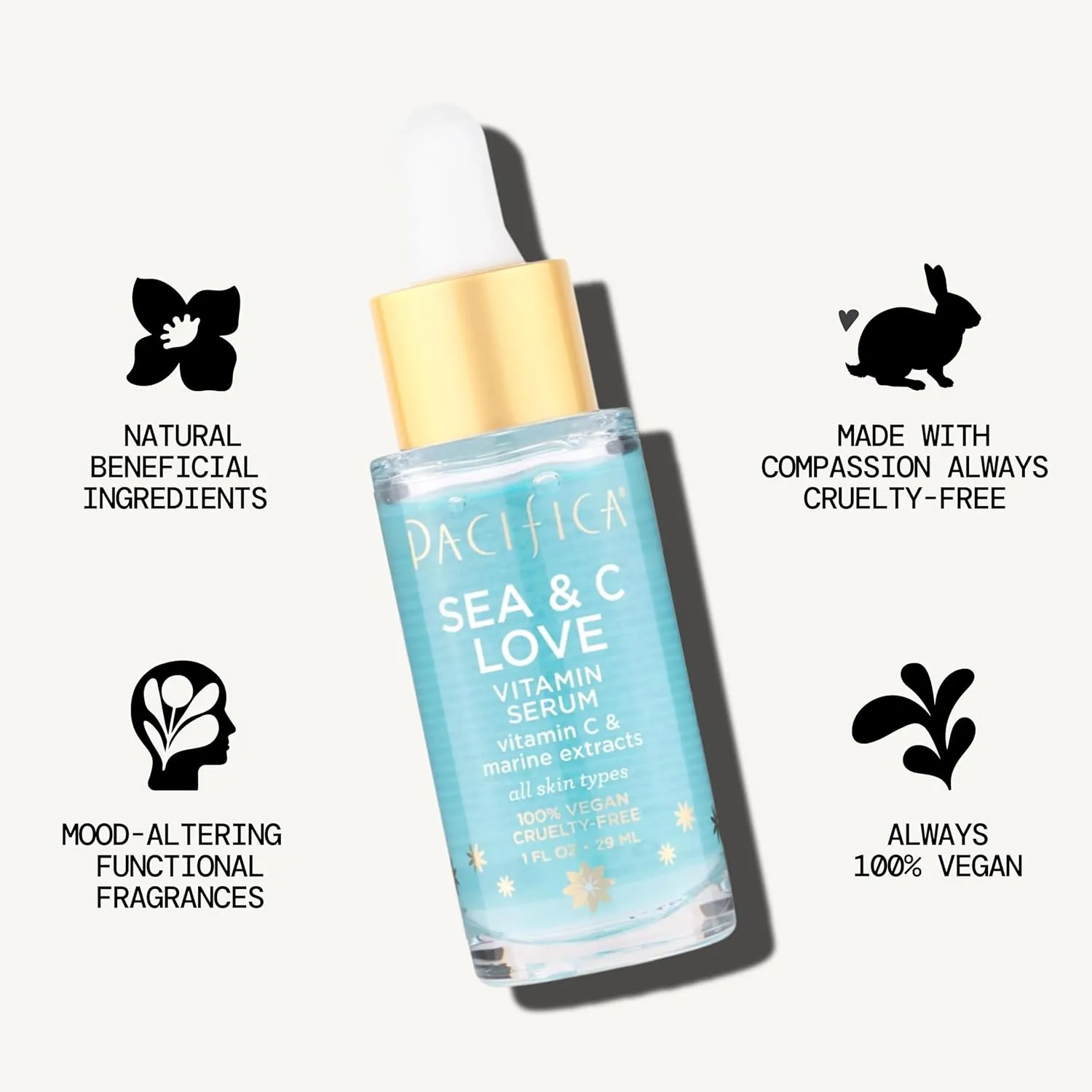 Pacifica Beauty Sea and C Love Vitamin C Serum, Skincare, Hyaluronic Acid, Green Tea, Marine Extracts, Blue Light Protection, Brightening, Lightweight, Face Care, Skin Care Serum, 1 fl oz (1 Count)
