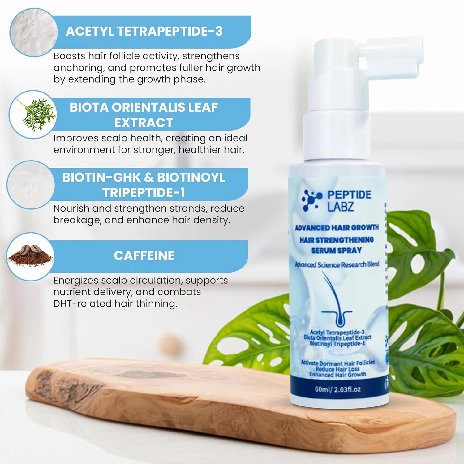 Peptide Hair Growth Serum Spray with Acetyl Tetrapeptide-3, Biotinoyl Tripeptide-1, and Caffeine – Advanced Hair Growth Formula