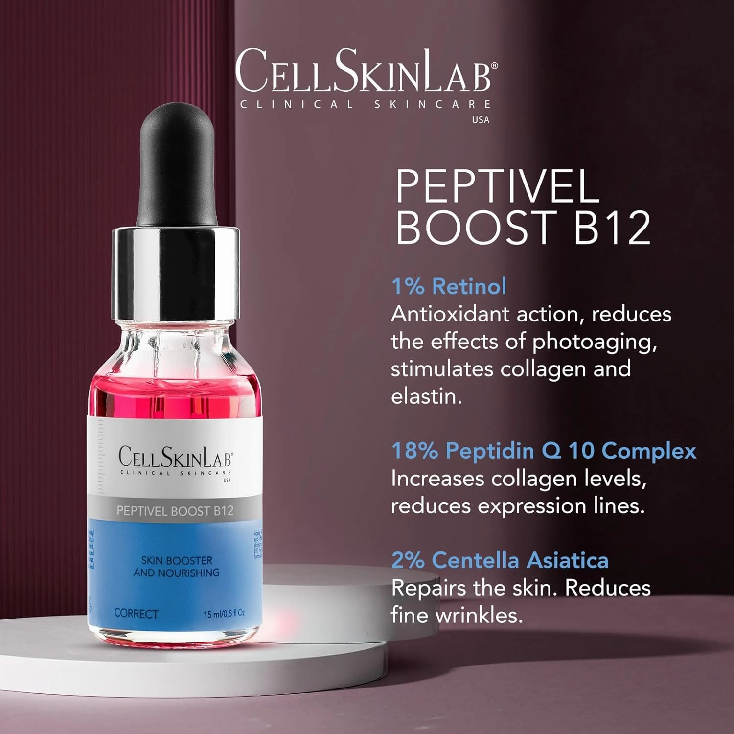 Peptivel Boost B12 by CellSkinLab - Topical Skin Booster & Nutritive Serum for Fatigue Skin and Dry Skin with Retinol, Peptides and Vitamin B12-0.5 fl Oz