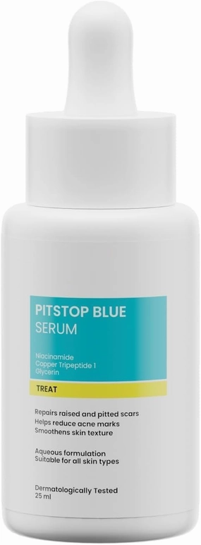 Pitstop Blue Copper Peptide Serum, Repairs Acne Scars & Pitted Marks, Evens Skin Tone & Reduces Blemishes, For All Skin Types, 25 Ml