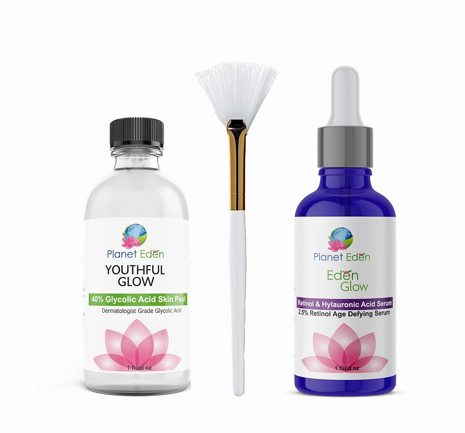 Planet Eden 40% Glycolic Acid Skin Chemical Peel Kit with Hyaluronic Acid and 2.5% Retinol Serum and Fan Brush