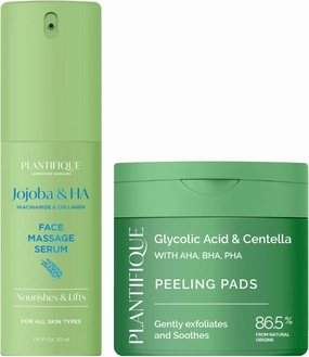 PLANTIFIQUE Korean Jojoba Oil & Hyaluronic Acid Face Massage Serum and Korean Glycolic Acid Pads with CICA, 60 Pcs