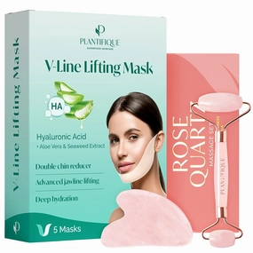 PLANTIFIQUE Rose Quartz Roller and Gua Sha Set and V-Line Double Chin Mask 5 PCS with Hyaluronic Acid