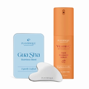 PLANTIFIQUE Stainless Steel Gua Sha Facial Tool, Skin Massage and Korean Vitamin C Face Massage Serum - Perfect for Gua Sha Facial Tools - Collagen & Peptides for Ultimate Hydration and Anti-Aging