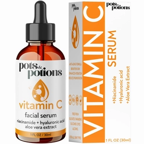 Pots&Potions Vitamin C Serum for Face with Niacinamide & Hyaluronic Acid, Hydrating & Brightening Facial Serum with Aloe Vera, Natural Fragrance, 30ml – Glass Dropper Bottle