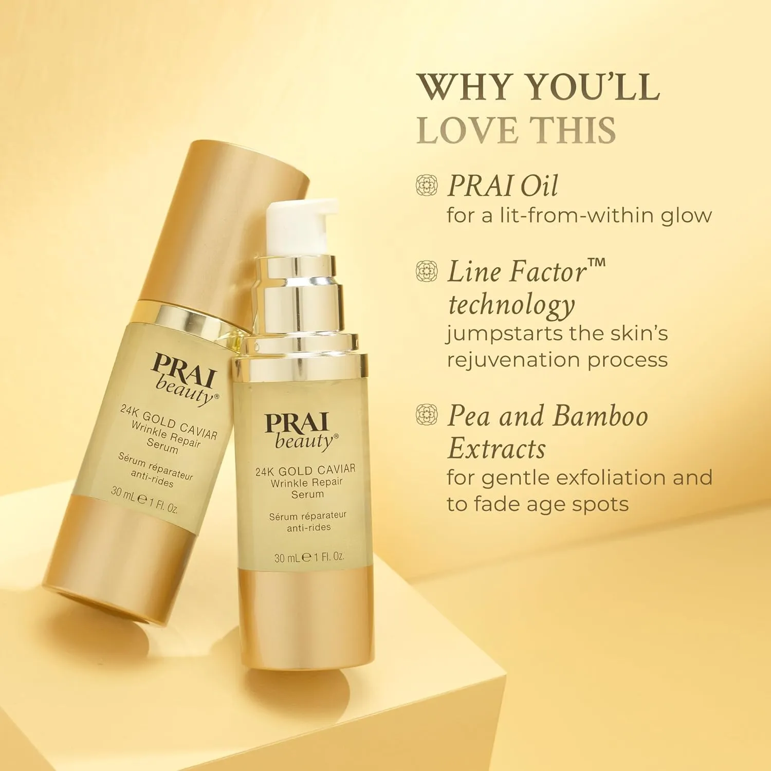 PRAI Beauty 24K Gold Caviar Wrinkle Repair Serum for Face | Anti-Aging Serum with Hyaluronic Acid to Plump and Fill In Wrinkles 3.4 oz