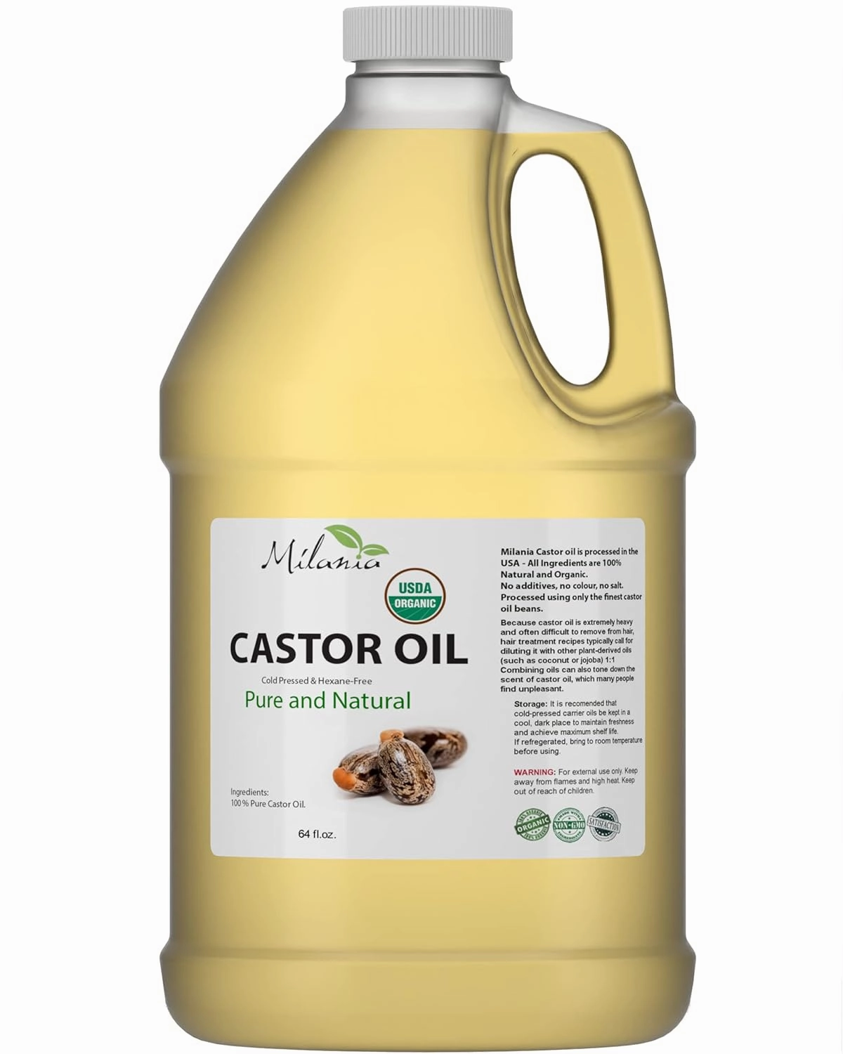 Premium Organic Castor Oil - (64 fl. oz.) 100% Pure and Hexane-Free Cold-Pressed Beauty & Skincare Serum - Eyelash & Eyebrow Hair Growth Enhancer