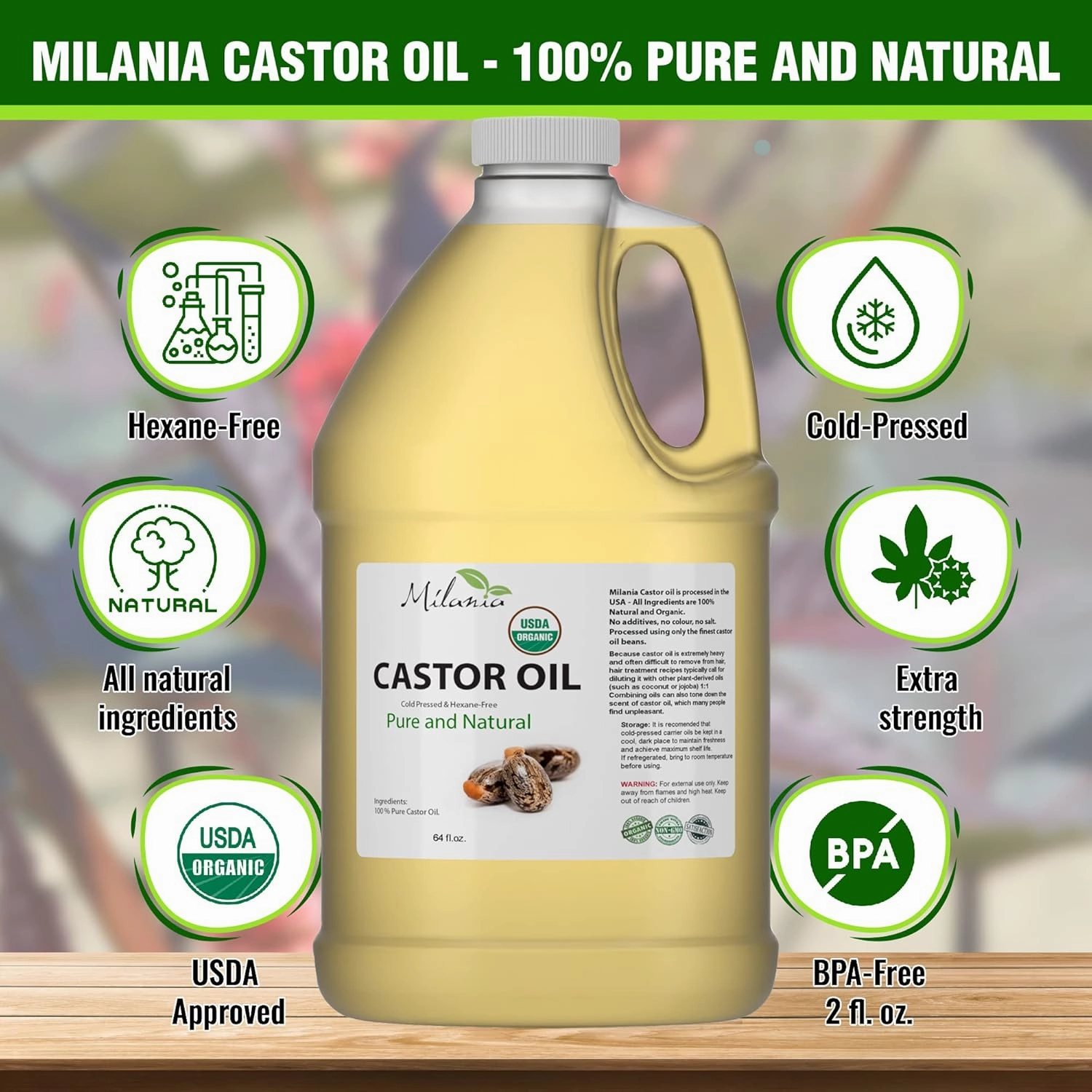 Premium Organic Castor Oil - (64 fl. oz.) 100% Pure and Hexane-Free Cold-Pressed Beauty & Skincare Serum - Eyelash & Eyebrow Hair Growth Enhancer