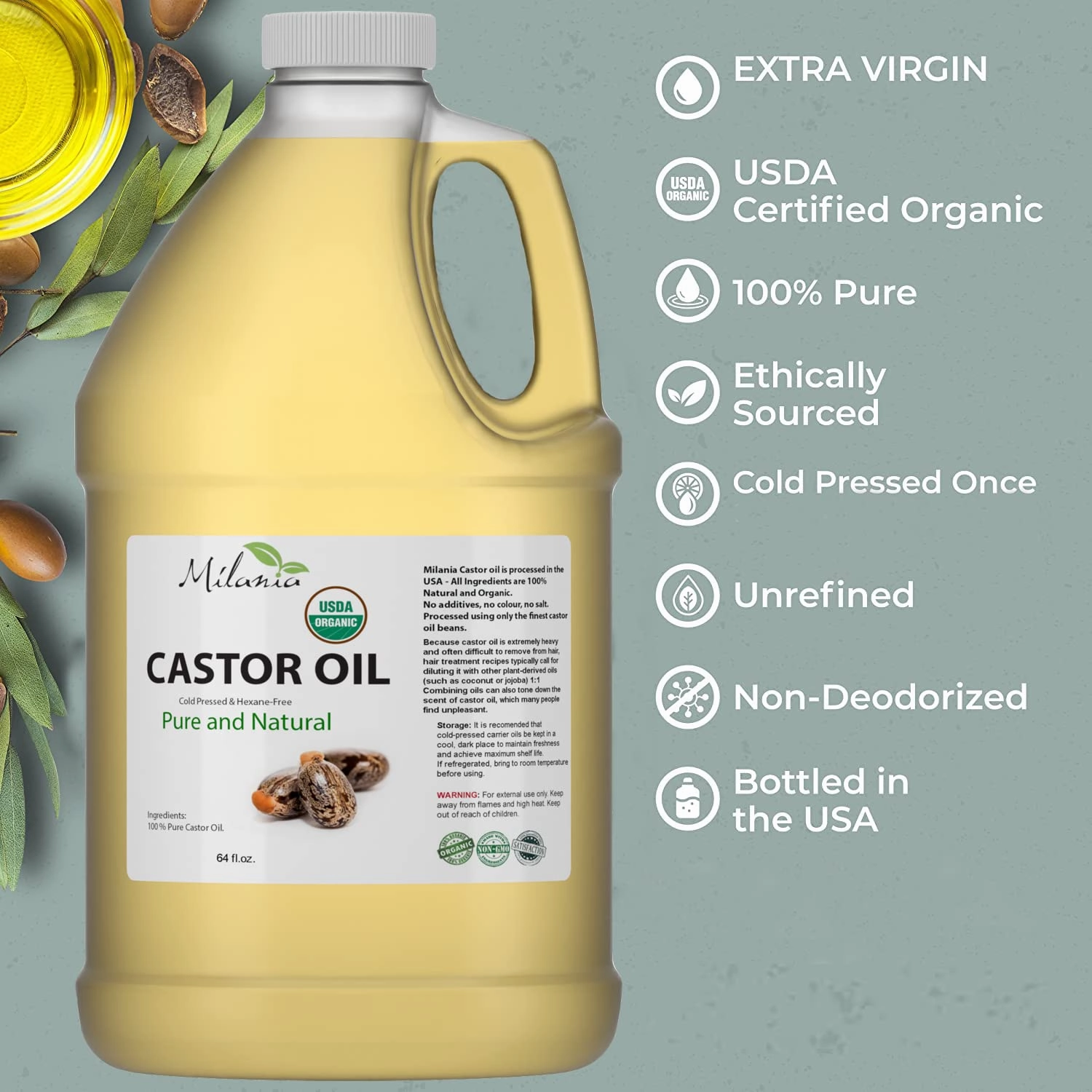 Premium Organic Castor Oil - (64 fl. oz.) 100% Pure and Hexane-Free Cold-Pressed Beauty & Skincare Serum - Eyelash & Eyebrow Hair Growth Enhancer