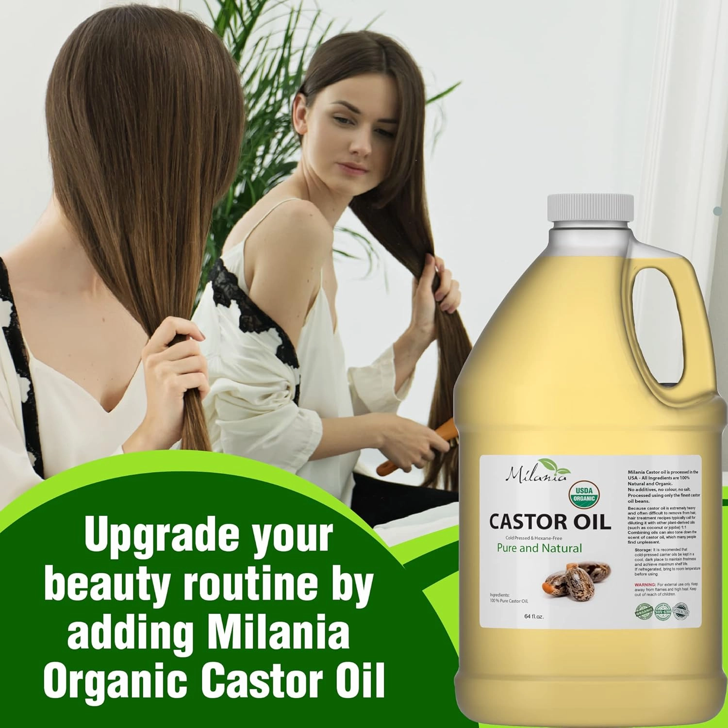 Premium Organic Castor Oil - (64 fl. oz.) 100% Pure and Hexane-Free Cold-Pressed Beauty & Skincare Serum - Eyelash & Eyebrow Hair Growth Enhancer