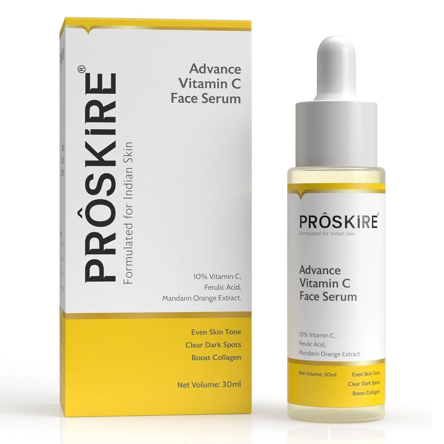 Pro-skire 10% Advance Vitamin C Serum With Ferulic Acid, Mandarin Orange Ext. For Dark Spots, Pigmentation & Glowing Face - (1.01 oz) 30 ml Pack